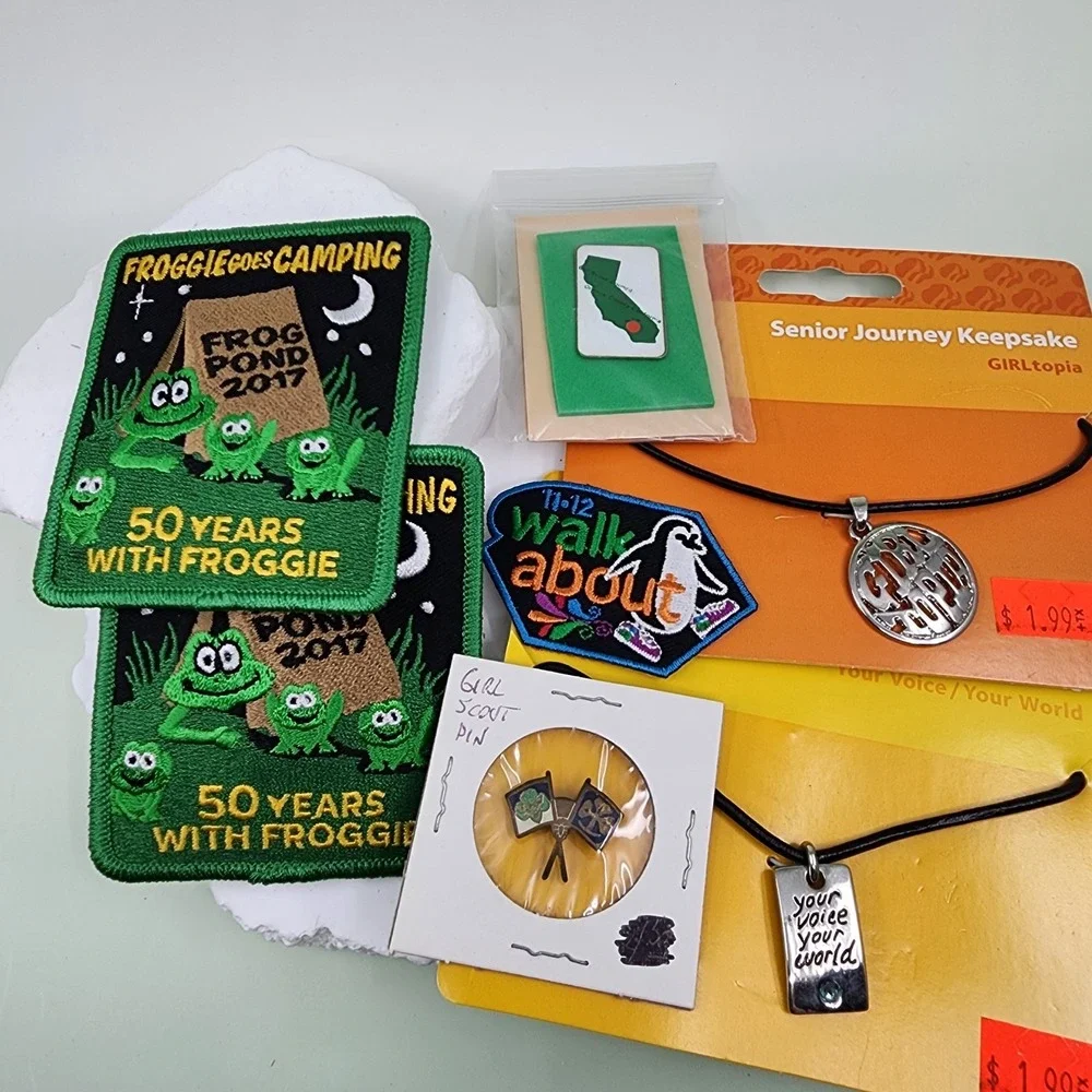 Girl Scouts Memorabilia Lot Patches Pins Necklaces Froggie Camping GIRLtopia